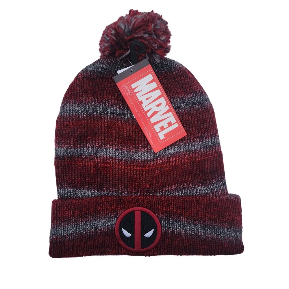 Marvel Deadpool Red Gray Striped Pom Beanie Hat Spencer’s NWT OSFM